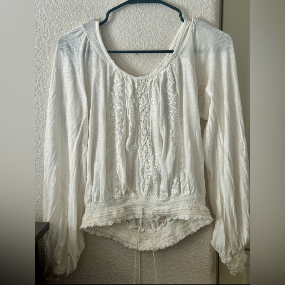 Free People Elegant White Lace Trim Blouse